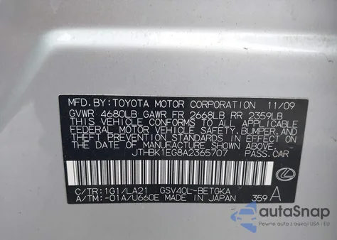 2010 Lexus Es 350 from USA, damaged, VIN JTHBK1EG8A2365707